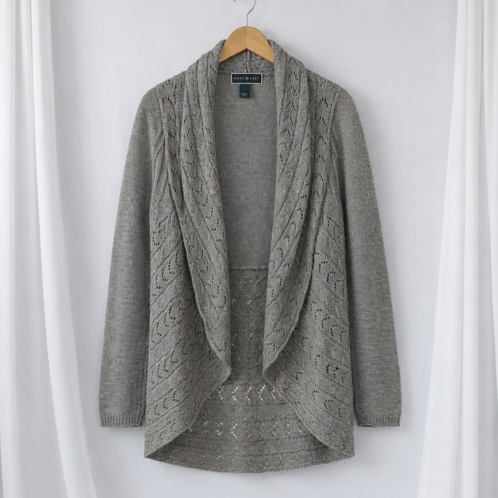 Karen Scott Open Front Cardigan Sweater Shawl Collar Knit Tunic Gray White Large